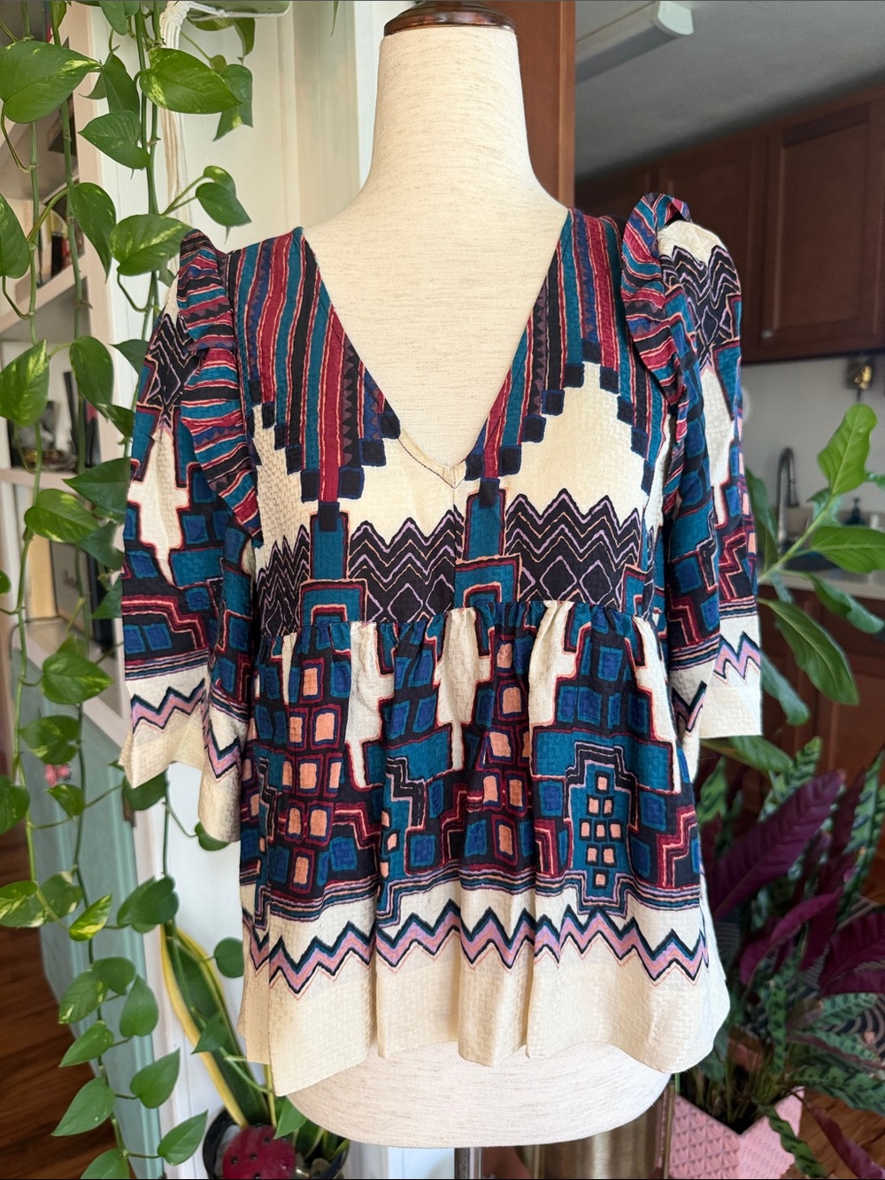 ba&sh Geometric Peplum Tunic in Teal, Burgundy and Cream